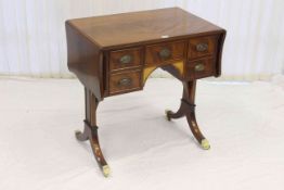 Charles Barr Georgian style mahogany and satinwood inlaid five drawer drop leaf side table