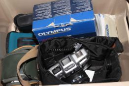 Box of cameras including Olympus, Samsung,