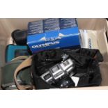 Box of cameras including Olympus, Samsung,