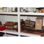 Wood trays, cutlery trays, printing blocks, barometer, cuckoo clock, suitcases, typewriter,