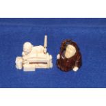 Small Japanese Okimono of a parasol maker and a Japanese wood and ivory netsuke (2)