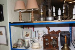 Trilby hat, smokers cabinet, oil lamps, pair table lamps, ceiling light, pair of carved wood camels,