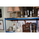 Trilby hat, smokers cabinet, oil lamps, pair table lamps, ceiling light, pair of carved wood camels,