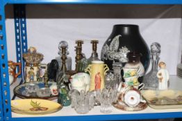 Royal Doulton and other china, glass decanters and glassware, two pairs of brass candlesticks,