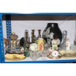 Royal Doulton and other china, glass decanters and glassware, two pairs of brass candlesticks,
