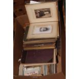 Box of postcards, photographs, cigarette cards,