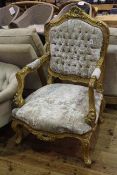 Pair ornate gilt open armchairs