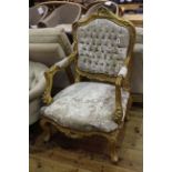 Pair ornate gilt open armchairs