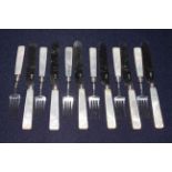 Set of six George III silver and mother of pearl fruit knives and forks,
