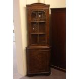 Burr walnut glazed door top double corner cabinet