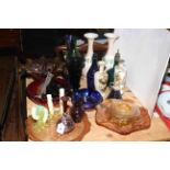 Collection of coloured glassware including Carnival glass