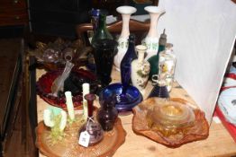 Collection of coloured glassware including Carnival glass