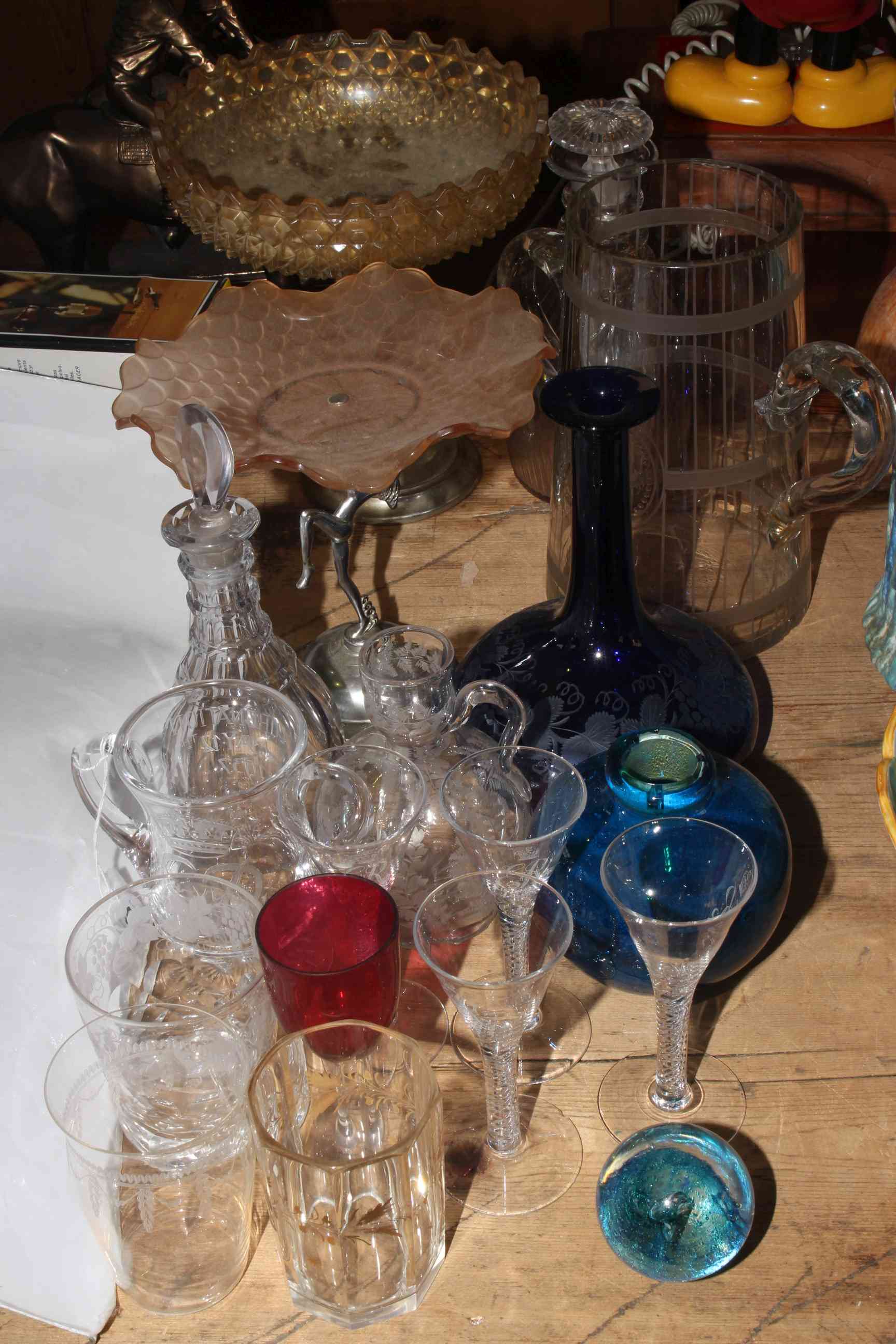 Collection of 19th & 20th Century glass including Georgian decanter, cake stands,