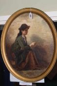 19th Century Scottish School, Lady Seated by a Rock, oval oil on board,