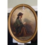 19th Century Scottish School, Lady Seated by a Rock, oval oil on board,