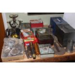 Box of fossils, three AA badges, buttons, silver plated epergne, telescope, silver backed brush,