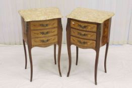 Pair Continental inlaid three drawer marble topped pedestals,