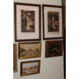 Pair oak framed Edwardian prints, two watercolours,