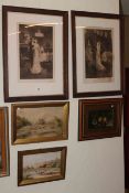 Pair oak framed Edwardian prints, two watercolours,