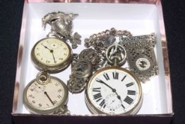 Box with three pocket watches, two silver bracelets, small silver clock, silver snail,