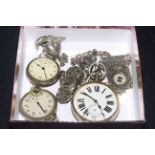 Box with three pocket watches, two silver bracelets, small silver clock, silver snail,