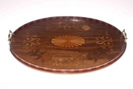 Victorian mahogany inlaid tray with brass handles,