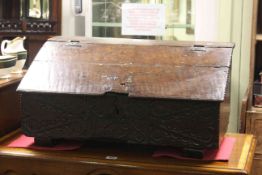Antique carved oak bible box with strap hinges, 31.
