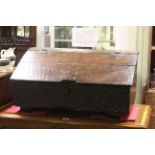 Antique carved oak bible box with strap hinges, 31.