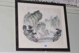 Chinese watercolour, Figures on a Bridge over a River,