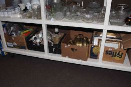 Four boxes of brassware, pictures, china, dolls,