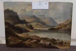 Unframed oil on board, Highland lake scene with sheep and herons,