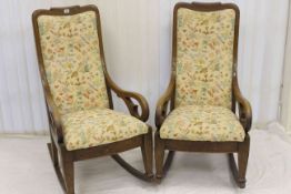 Pair oak scroll arm rocking chairs