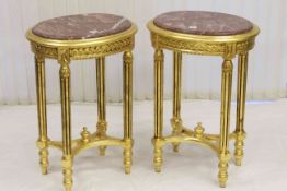 Pair oval marble inset top gilt side tables,