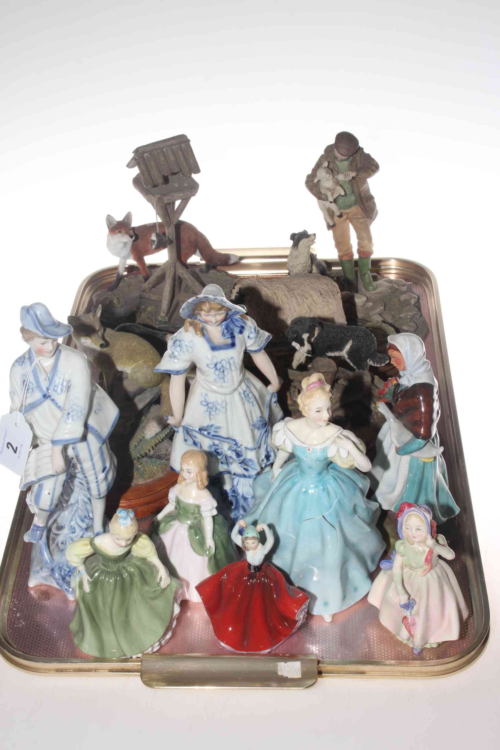Six Royal Doulton figures, pair of Continental figures,