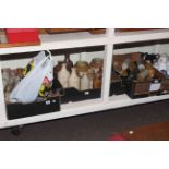 Three boxes of vintage stone and glass bottles, stoneware storage jars, badges,