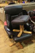 Brown leather swivel massage chair and footstool