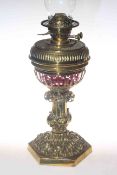 Victorian brass and ruby glass oil lamp,