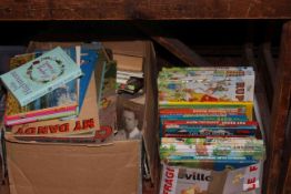 Two boxes of annuals and various books