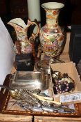 Large Oriental decorated vase and jug, two plated entree dishes, cutlery, box camera,