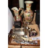 Large Oriental decorated vase and jug, two plated entree dishes, cutlery, box camera,