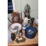 Figure lamp, teddy bear, Poole Pottery bowl, opera glasses, military figures,