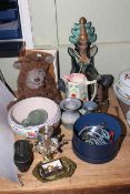 Figure lamp, teddy bear, Poole Pottery bowl, opera glasses, military figures,