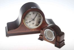 Inlaid mahogany mantel clock and a small oak mantel clock,