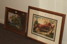 Gilt framed watercolour of Huntsmen in Woodland and Edward Neatby, A South Devon Barn,