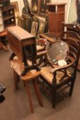 Rush seated oak ladder back elbow chair, Edwardian corner chair, mahogany toilet mirror, footstool,