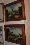 Pair framed Dutch paintings on glass