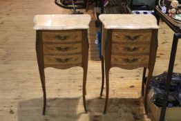Pair Continental inlaid and marble topped three drawer pedestals,