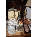 Collectors plates, Worcester Evesham tureen and five chocolate cups, china horse, Centurion figure,