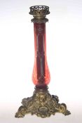 Bohemian etched ruby glass and brass oil lamp,