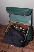 Collection of fishing tackle including reels, lights, waterproofs etc,